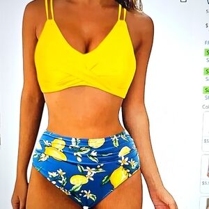 NWT Hesxuno Yellow and Blue Floral Women's Tummy Control Bikini Set 2X